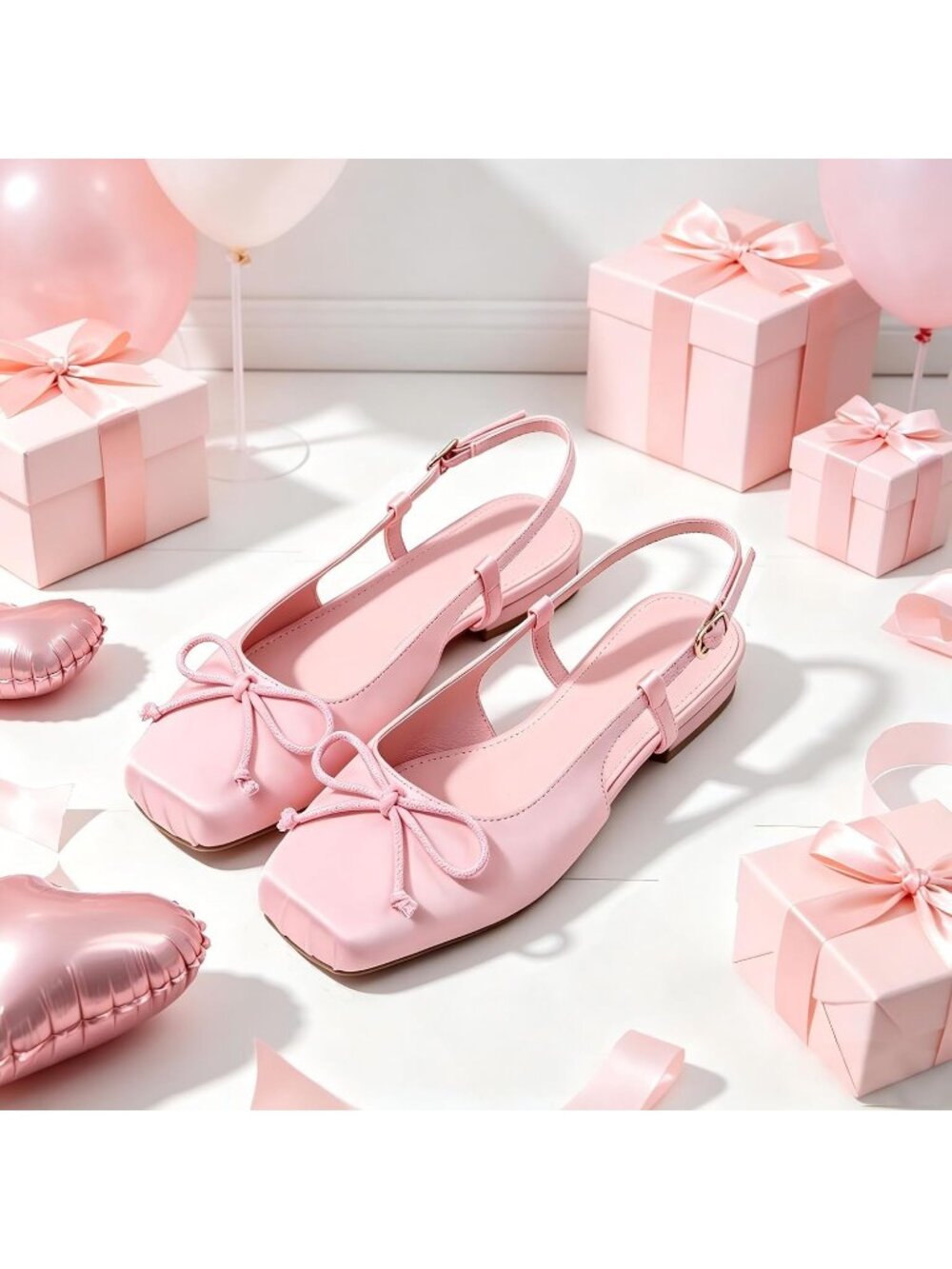 Women's Pink Satin Slingbacks Ballet Flats Square Toe Bow Ankle Buckles Shoes - Picture 2 of 6